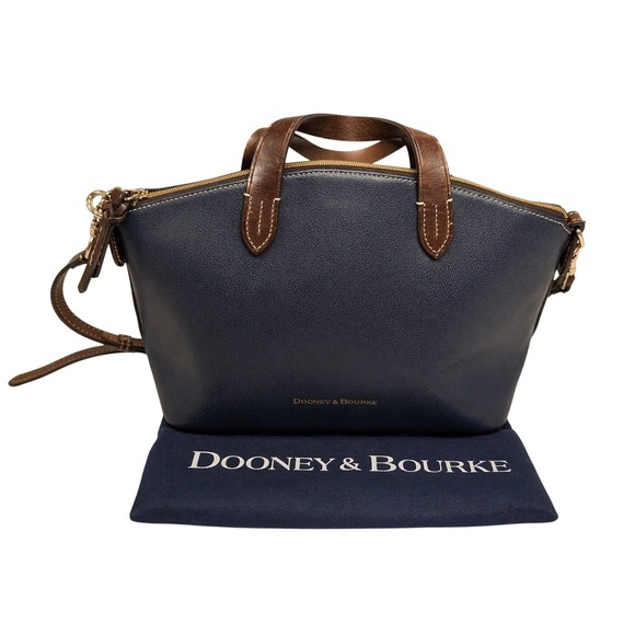 Dooney & Bourke Handbags - Dooney & Bourke Pebble Grain Leather Zip Top Tote Navy Blue / Brown Crossbody